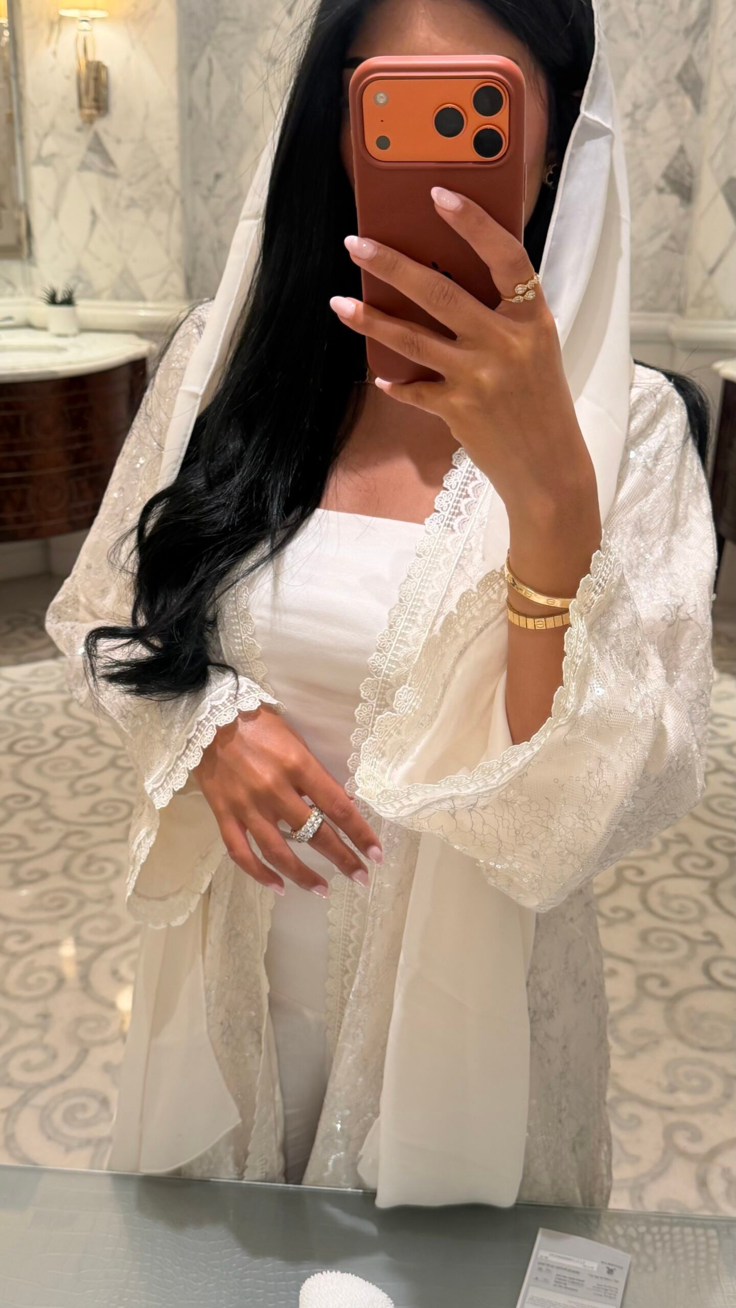 White Sequin Dentelle Abaya - Image 3