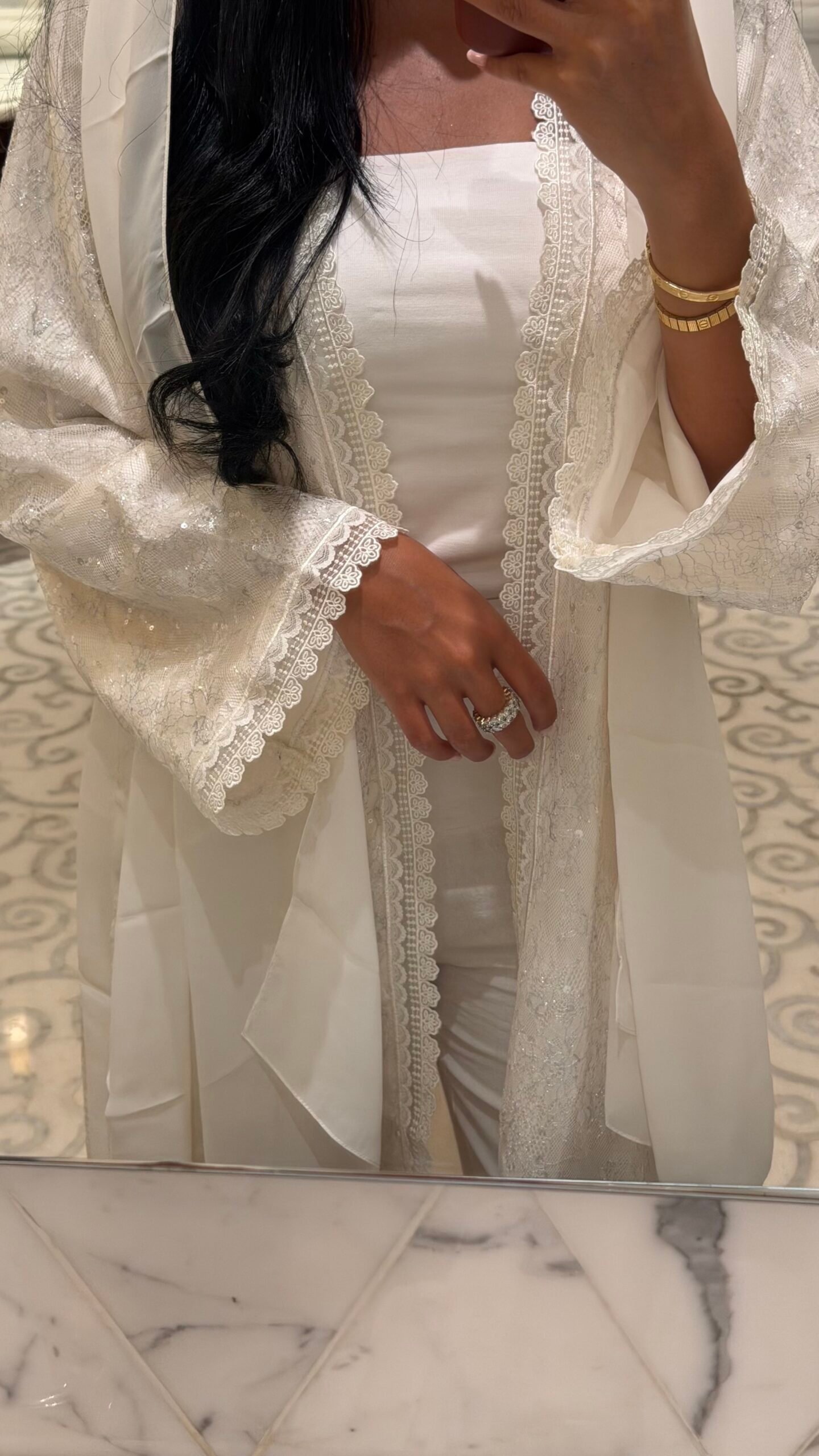 White Sequin Dentelle Abaya - Image 4