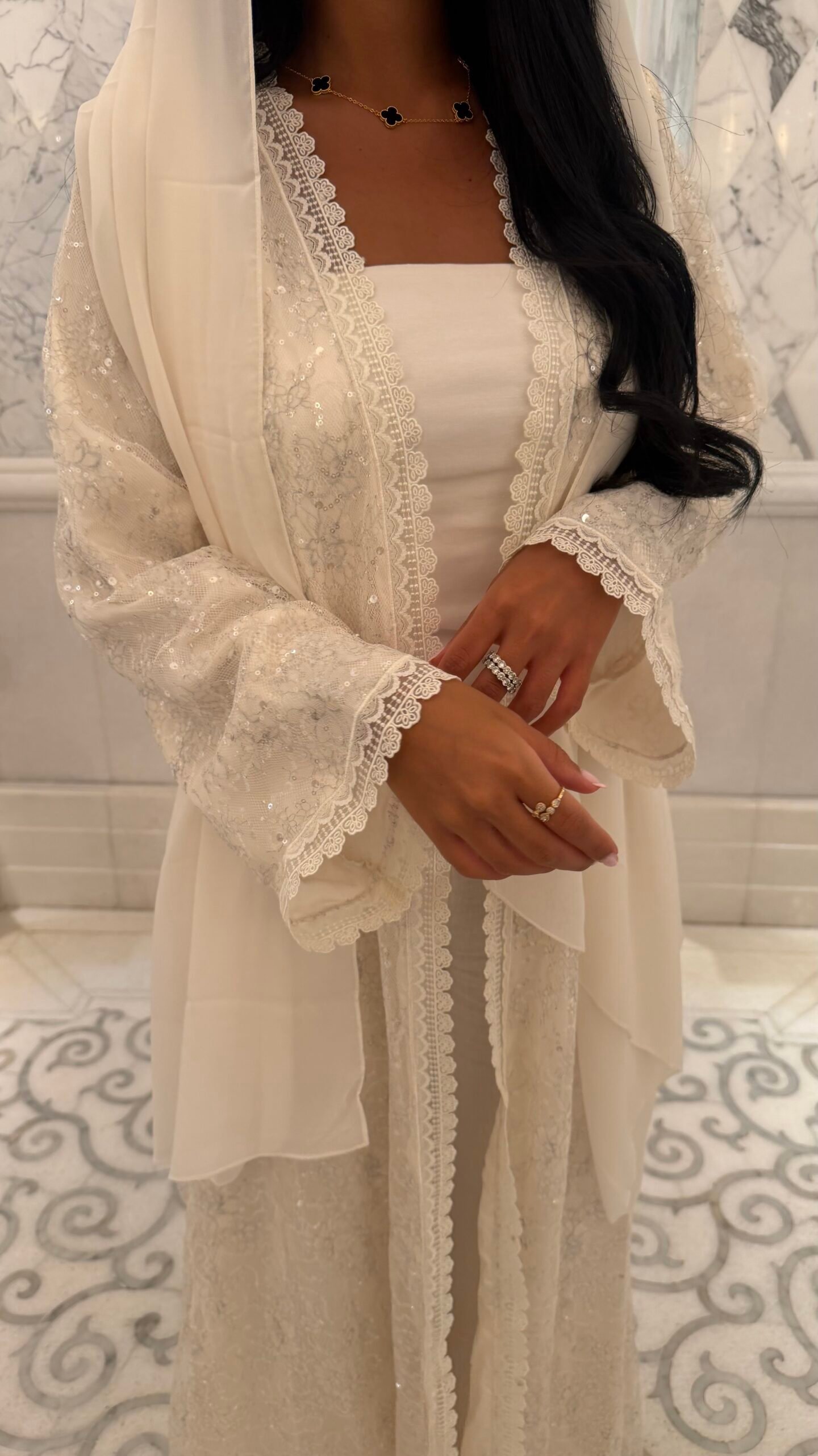 White Sequin Dentelle Abaya - Image 8