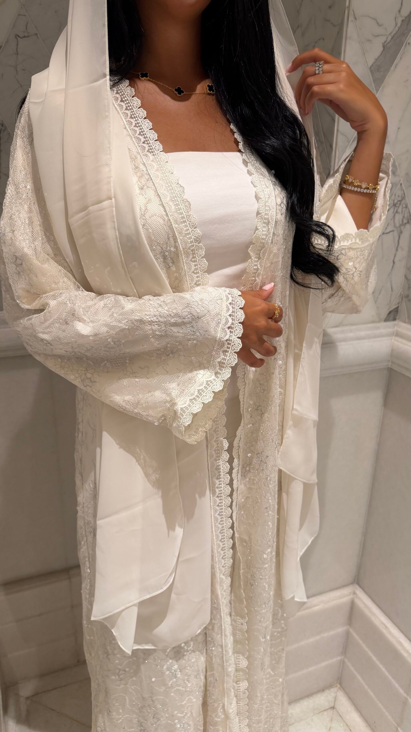 White Sequin Dentelle Abaya - Image 5