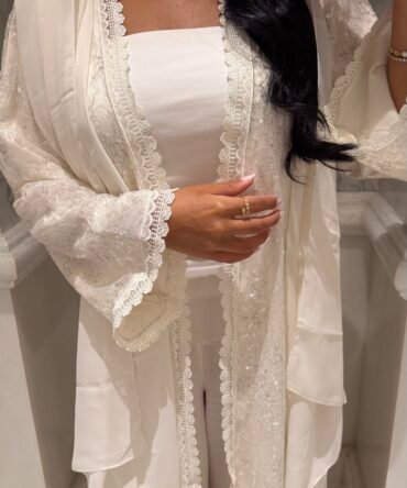 White Sequin Dentelle Abaya