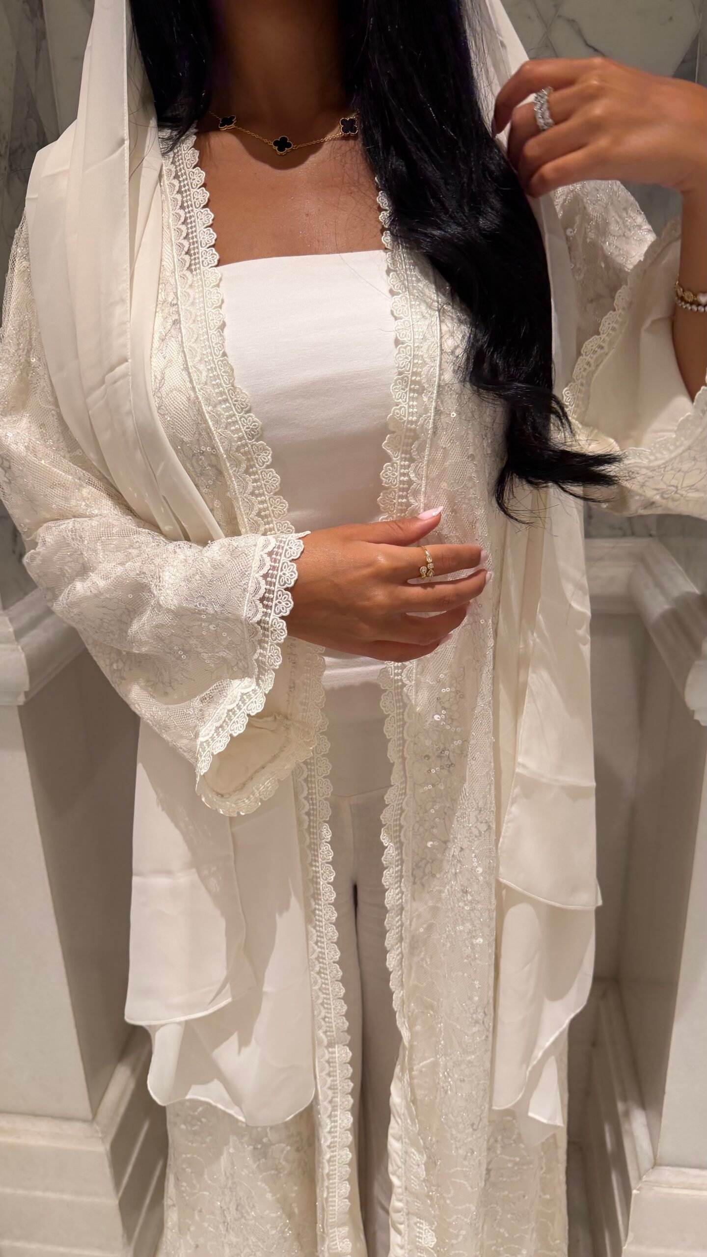 White Sequin Dentelle Abaya