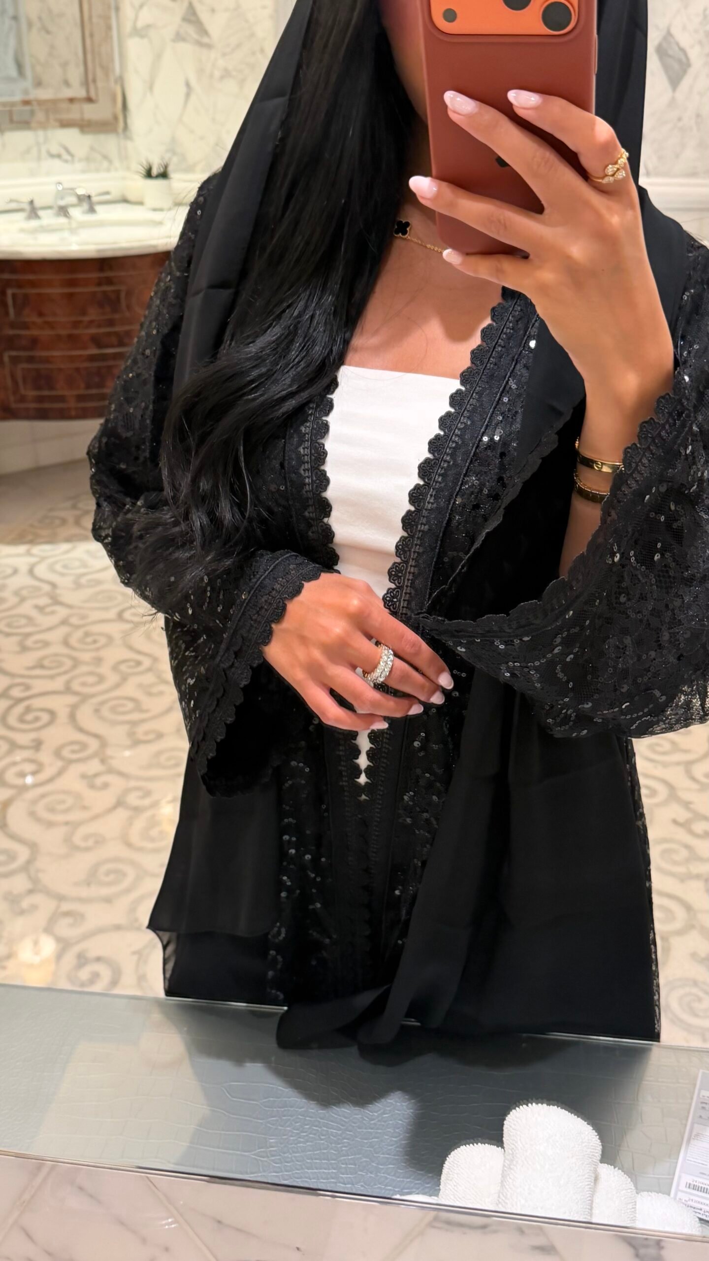 Black Sequin Dentelle Abaya - Image 7