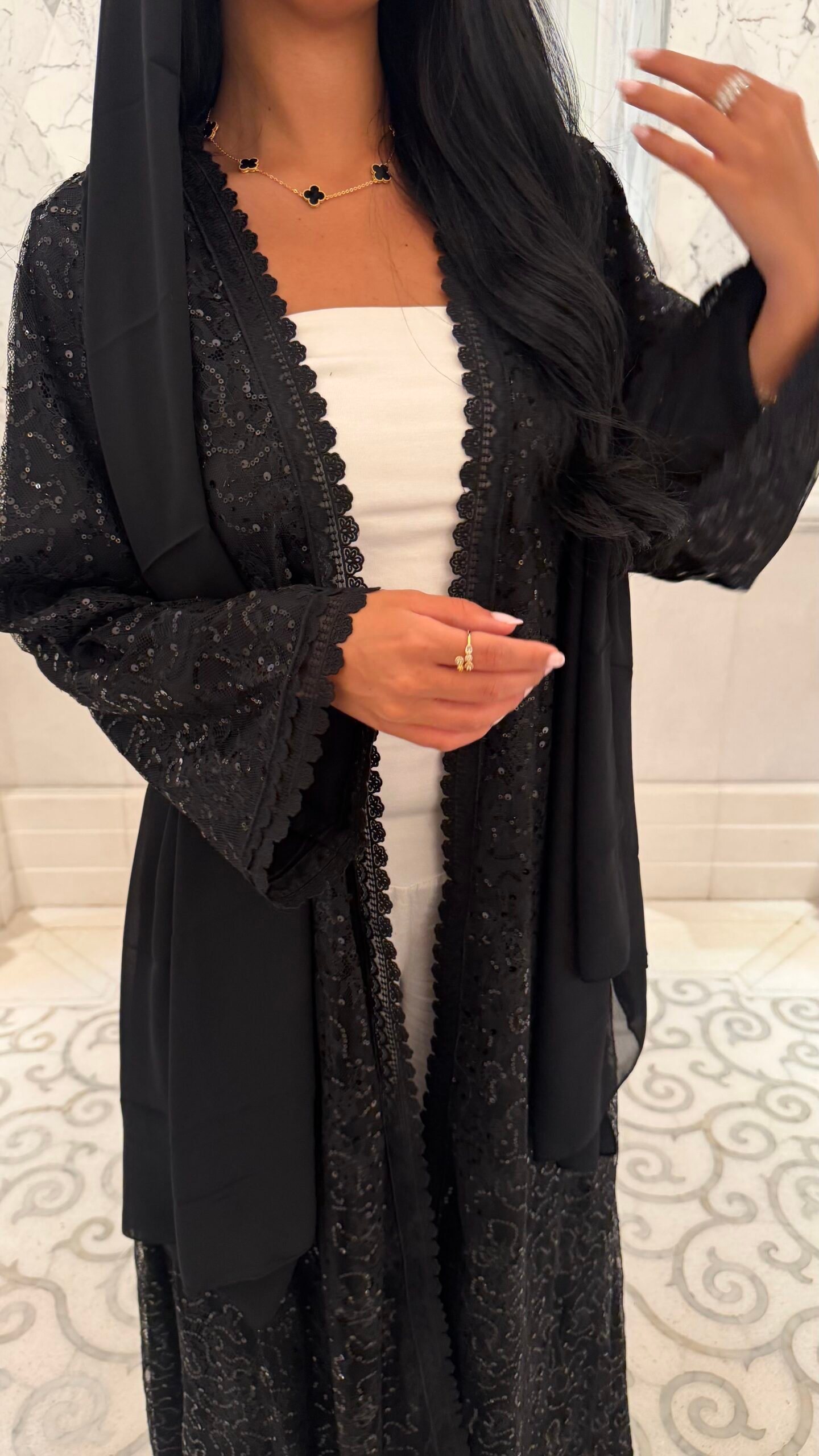 Black Sequin Dentelle Abaya - Image 5