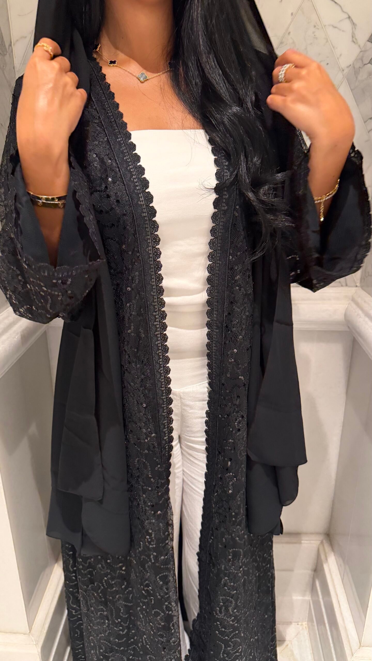 Black Sequin Dentelle Abaya - Image 4