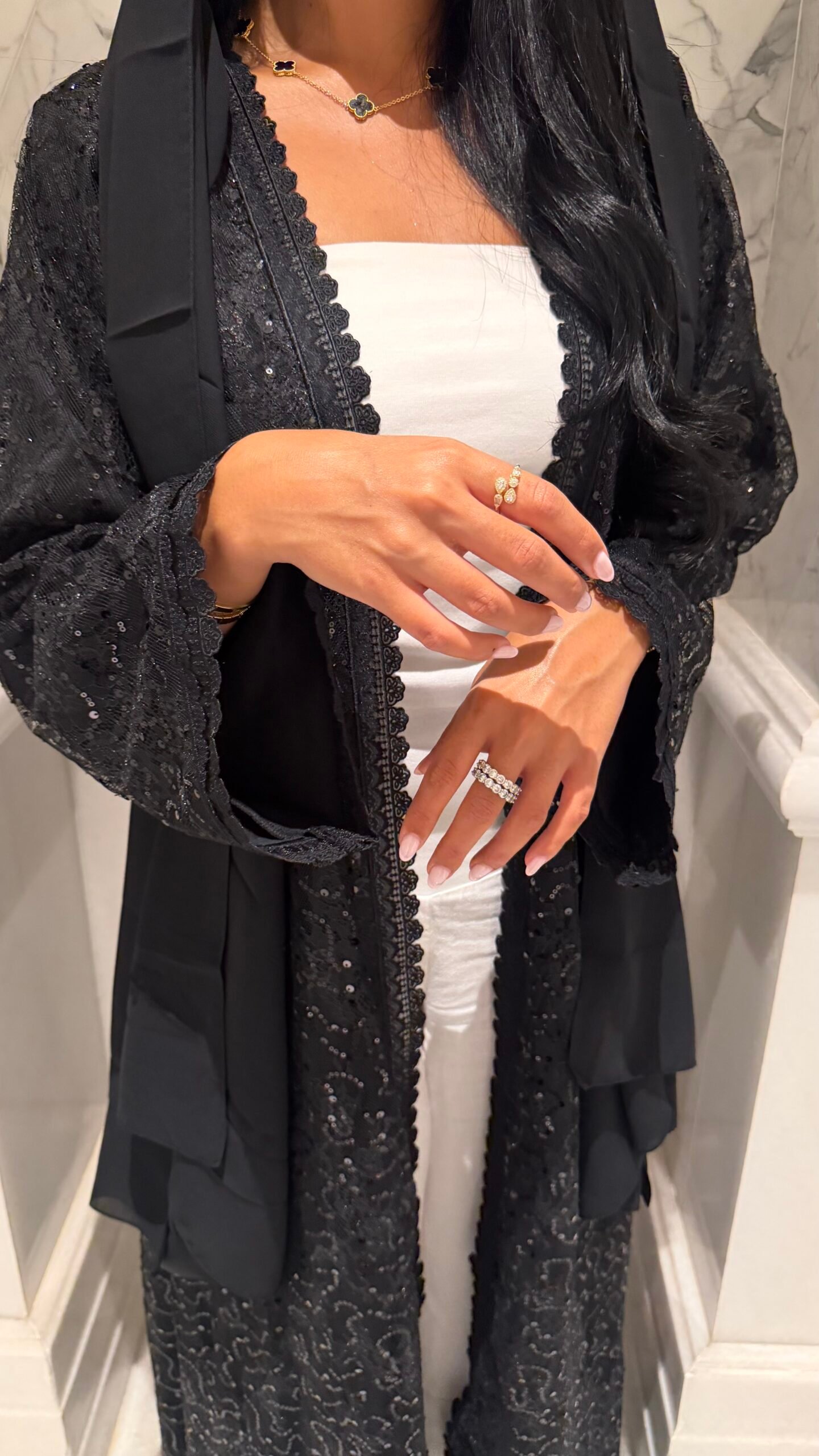 Black Sequin Dentelle Abaya - Image 3